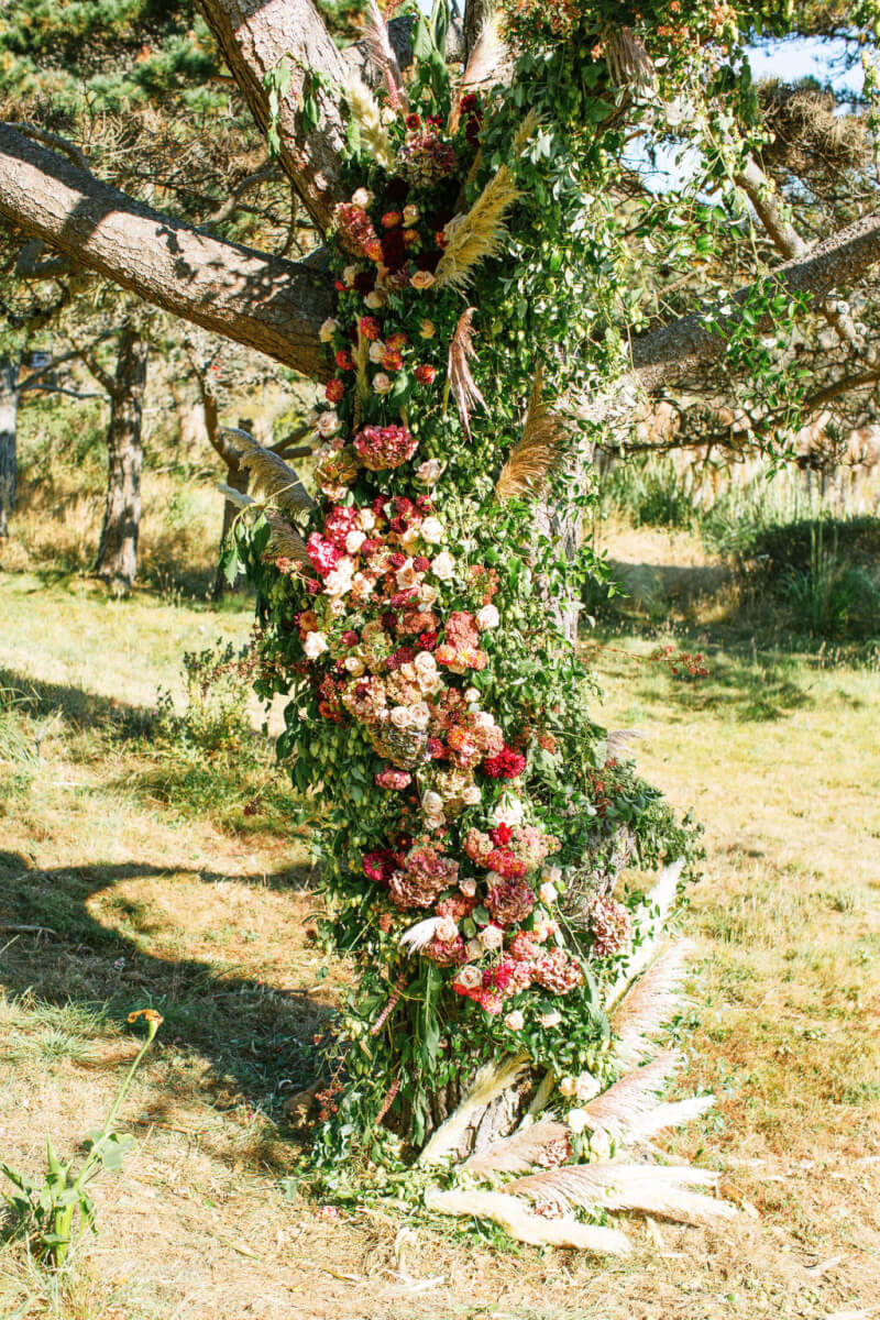 Outdoor tree decorated with floral wedding arrangements