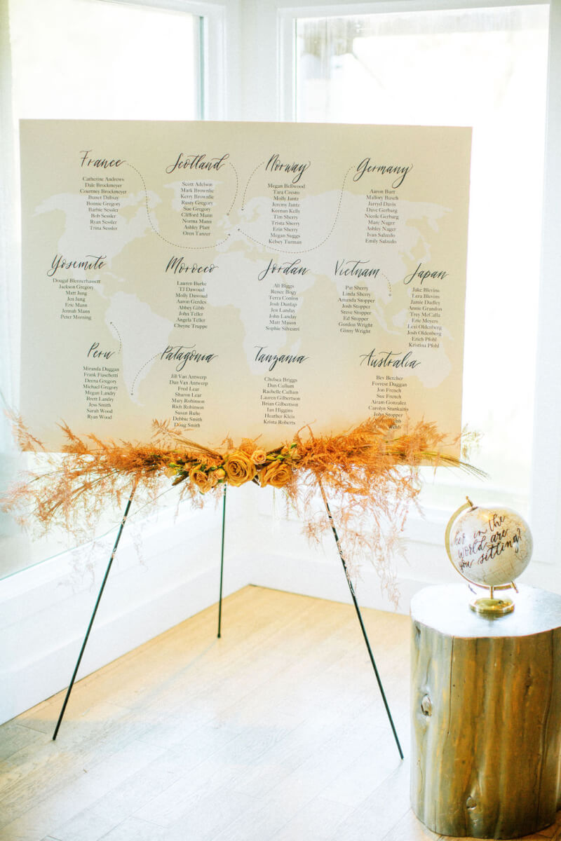 Wedding seating chart sign indoors next to decorative tree stump and globe
