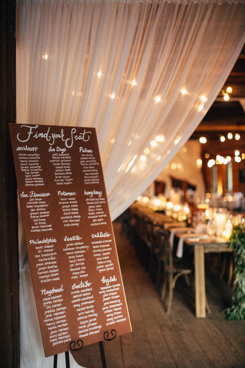 Wedding seating list in front of cream colored curtain and rustic dining area