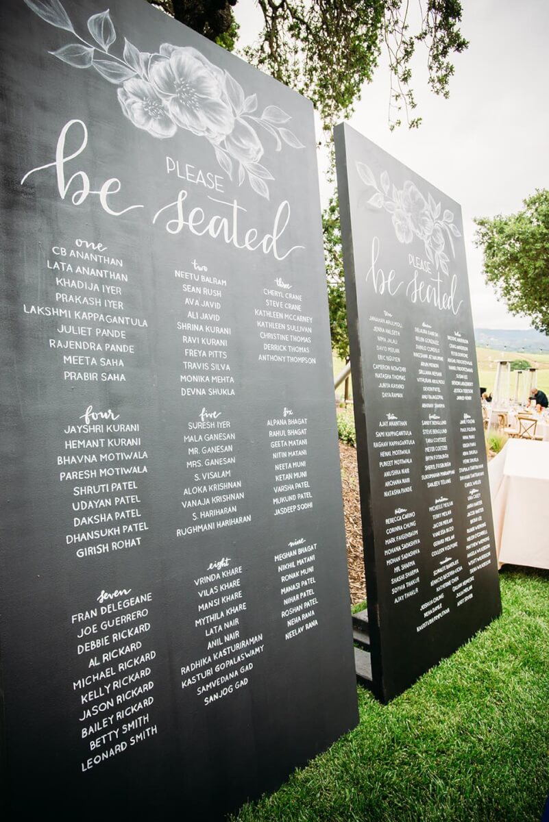 Wedding seating lists with white flowers drawn on top in outdoor reception setting at Kunde Family Winery
