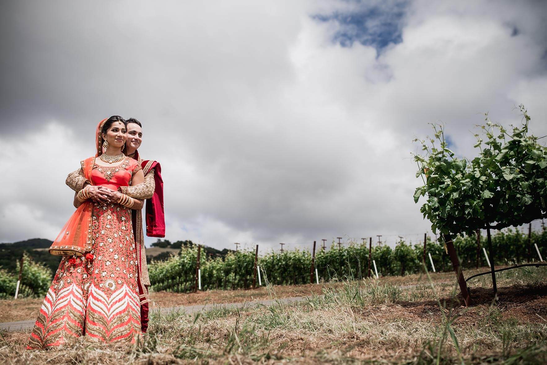 Groom embracing bride from behind in rustic Sonoma county vineyard