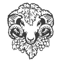Black and white logo of ram's head with grapes in its mouth