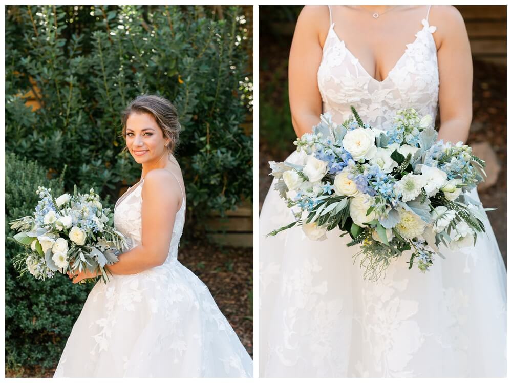 Bride holding organic soft blue and cream bridal bouquet, Aimee Lomeli Designs, Calistoga Ranch Wedding Florist