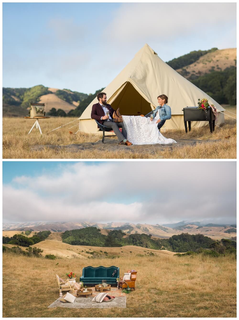 Bride and groom relaxing at a romantic bohemian wedding in the hills of Sonoma County with a tent set up in the background