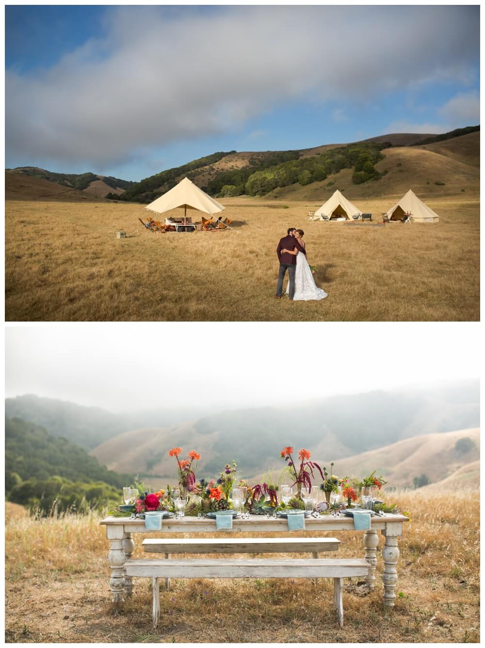 Field with multiple tents and a rustic table at a romantic bohemian wedding in Sonoma County