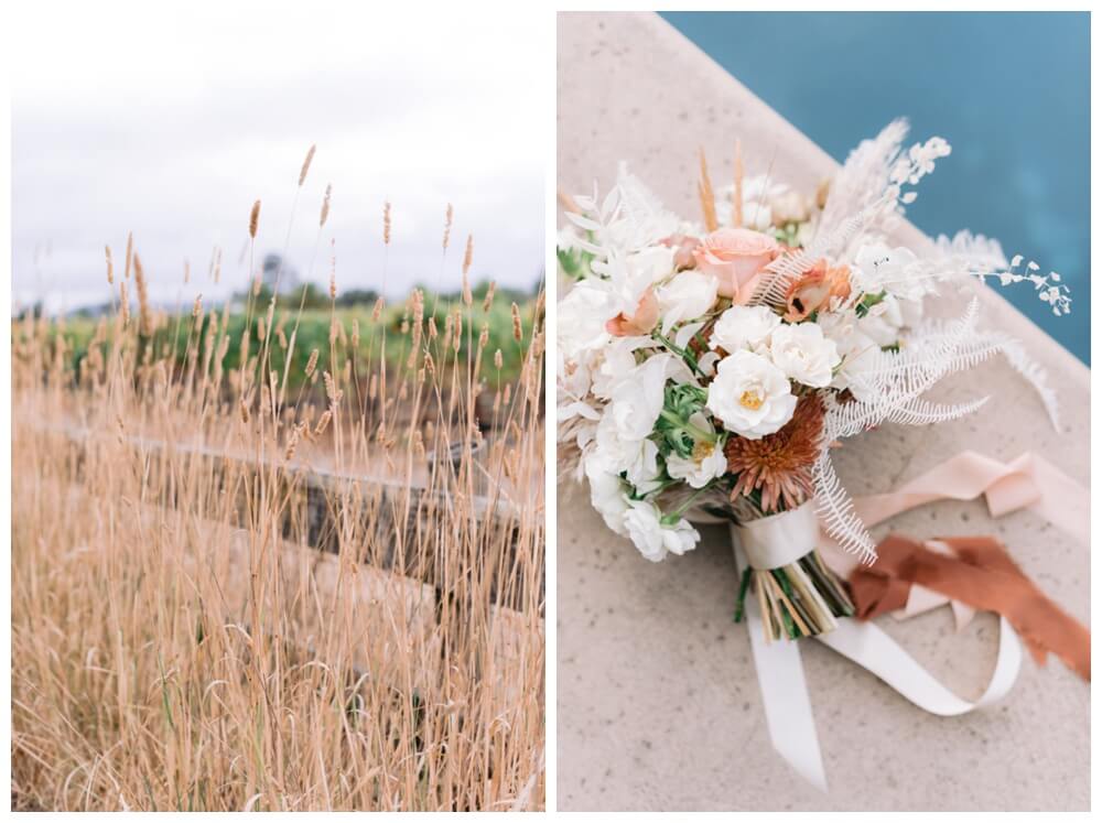 Golden grasses along a rustic fence in California; bridal bouquet lying next to a pool