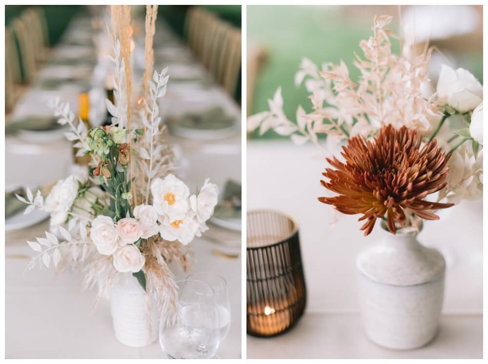Bohemian wedding flower arrangement on a dining table, Aimée Lomeli Designs