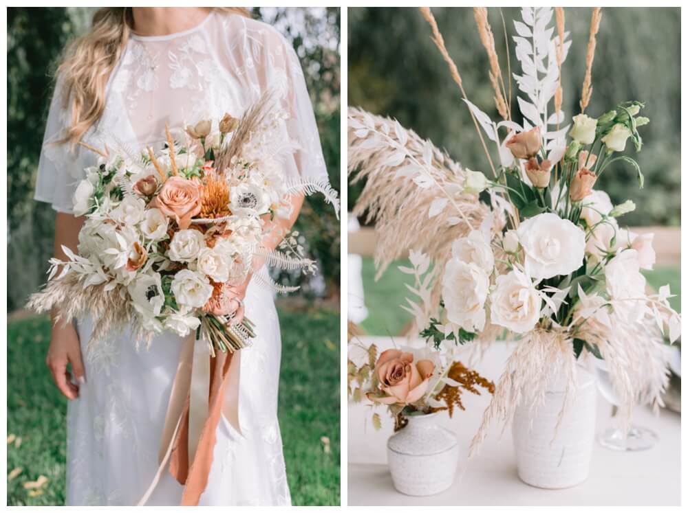 Bohemian wedding bouquet and floral arrangement