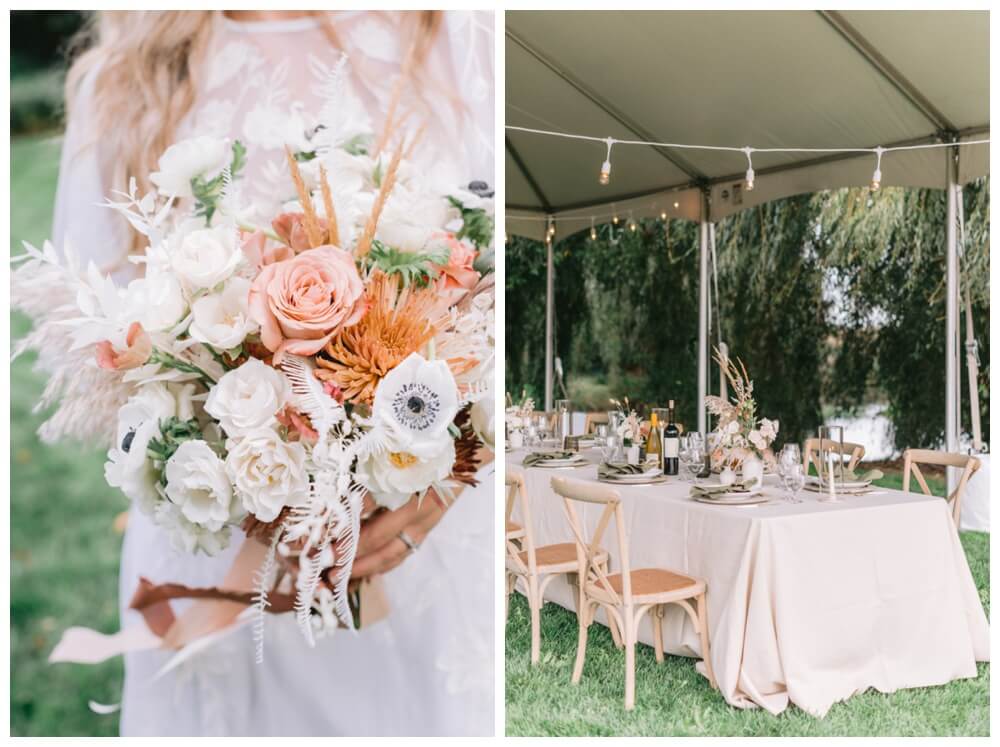 Bohemian wedding bouquet and dining table with floral arrangements