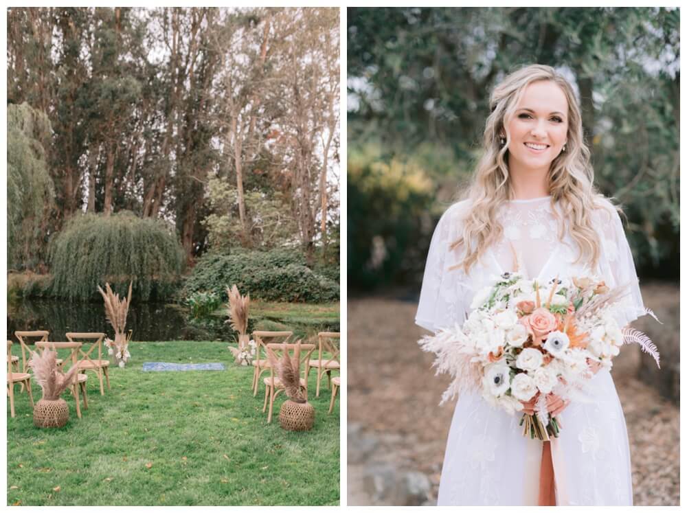 Outdoor wedding ceremony seating with bohemian floral arrangements; bride holding bohemian bridal bouquet